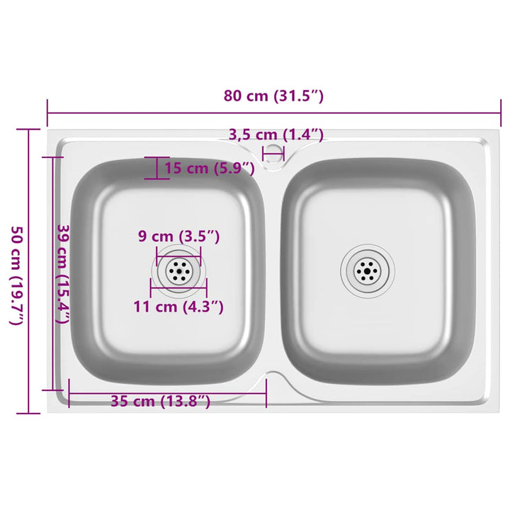 køkkenvask med 2 bassiner 800x500x155 mm rustfrit stål sølv
