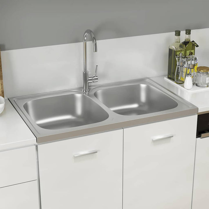 køkkenvask med 2 bassiner 800x500x155 mm rustfrit stål sølv