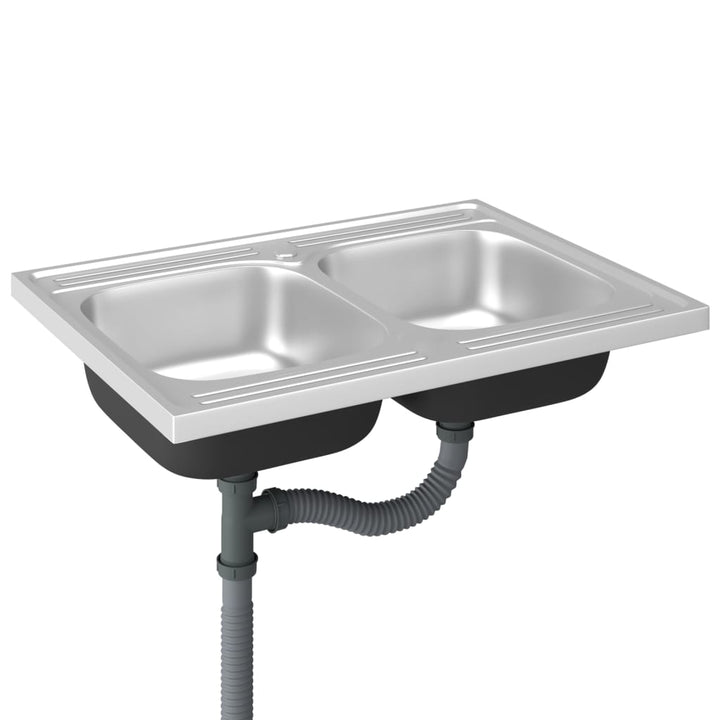 køkkenvask med 2 bassiner 800x600x155 mm rustfrit stål sølv