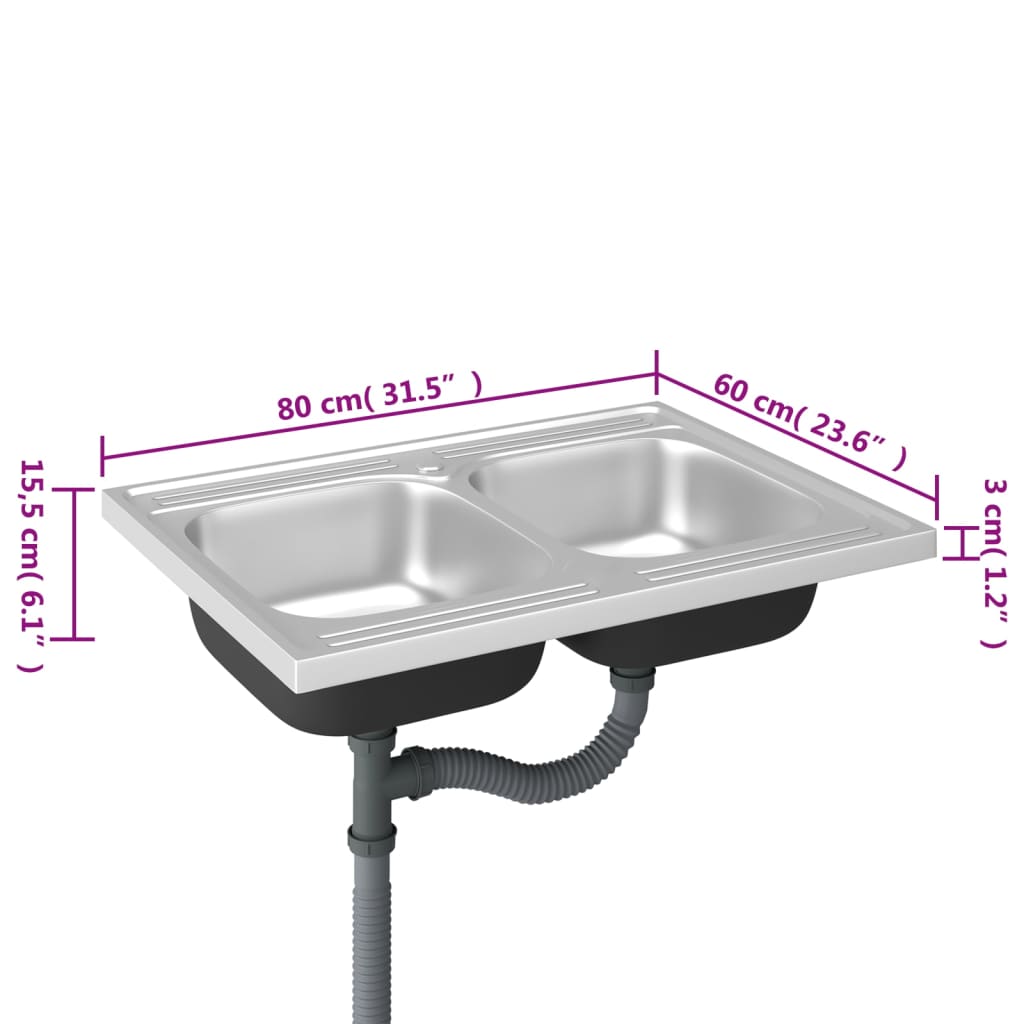 køkkenvask med 2 bassiner 800x600x155 mm rustfrit stål sølv