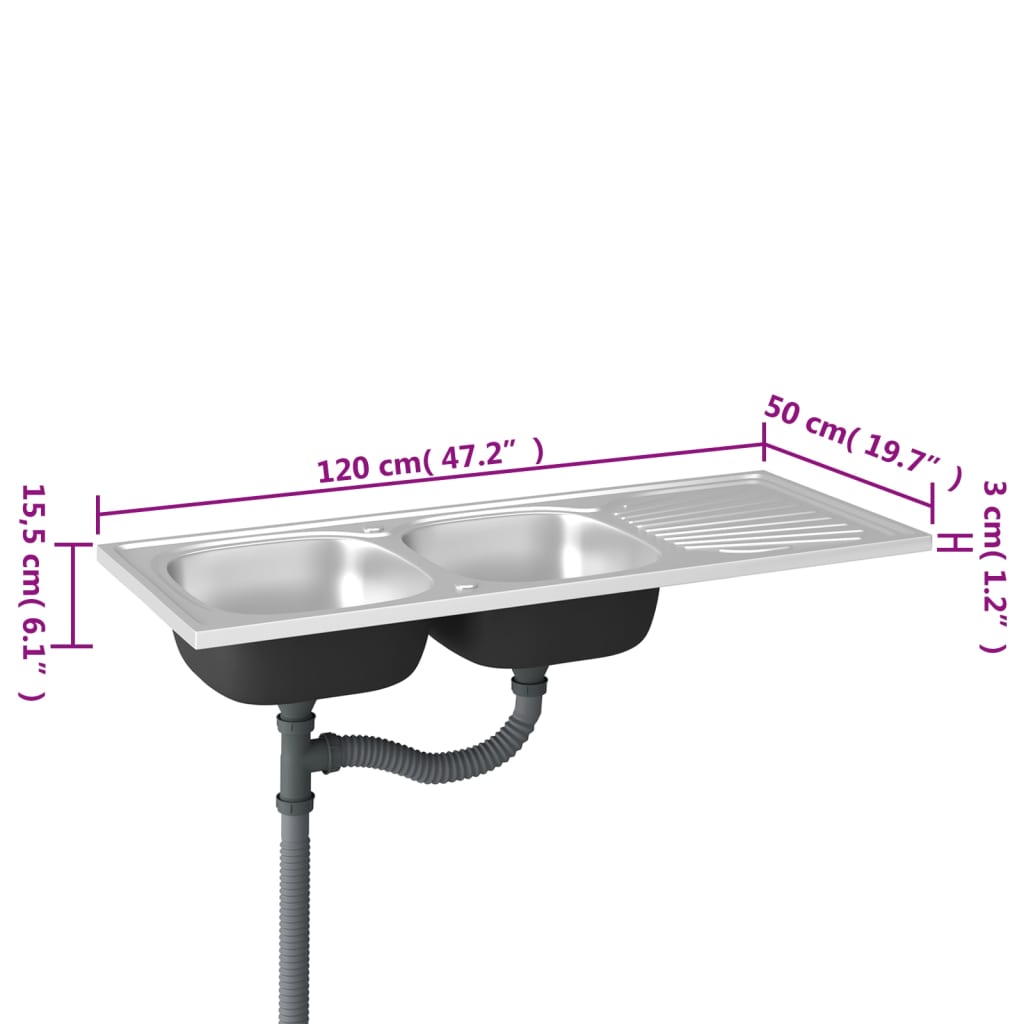 køkkenvask med 2 bassiner 1200x500x155 mm rustfrit stål sølv