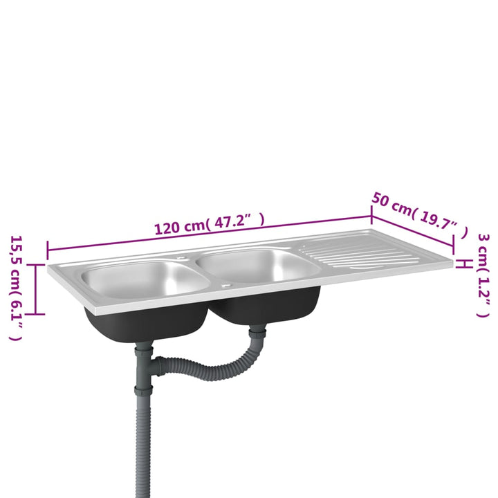 køkkenvask med 2 bassiner 1200x500x155 mm rustfrit stål sølv