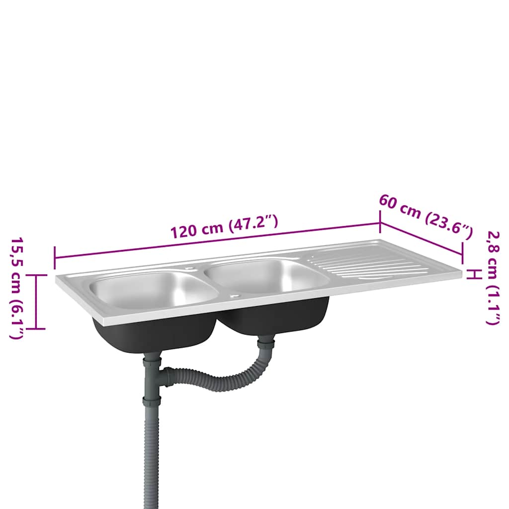 køkkenvask med 2 bassiner 1200x600x155 mm rustfrit stål sølv