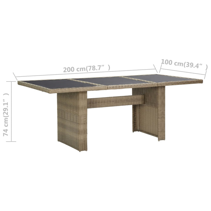 havebord 200x100x74 cm glas og polyrattan brun