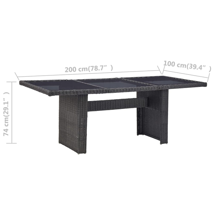 havebord 200x100x74 cm glas og polyrattan sort