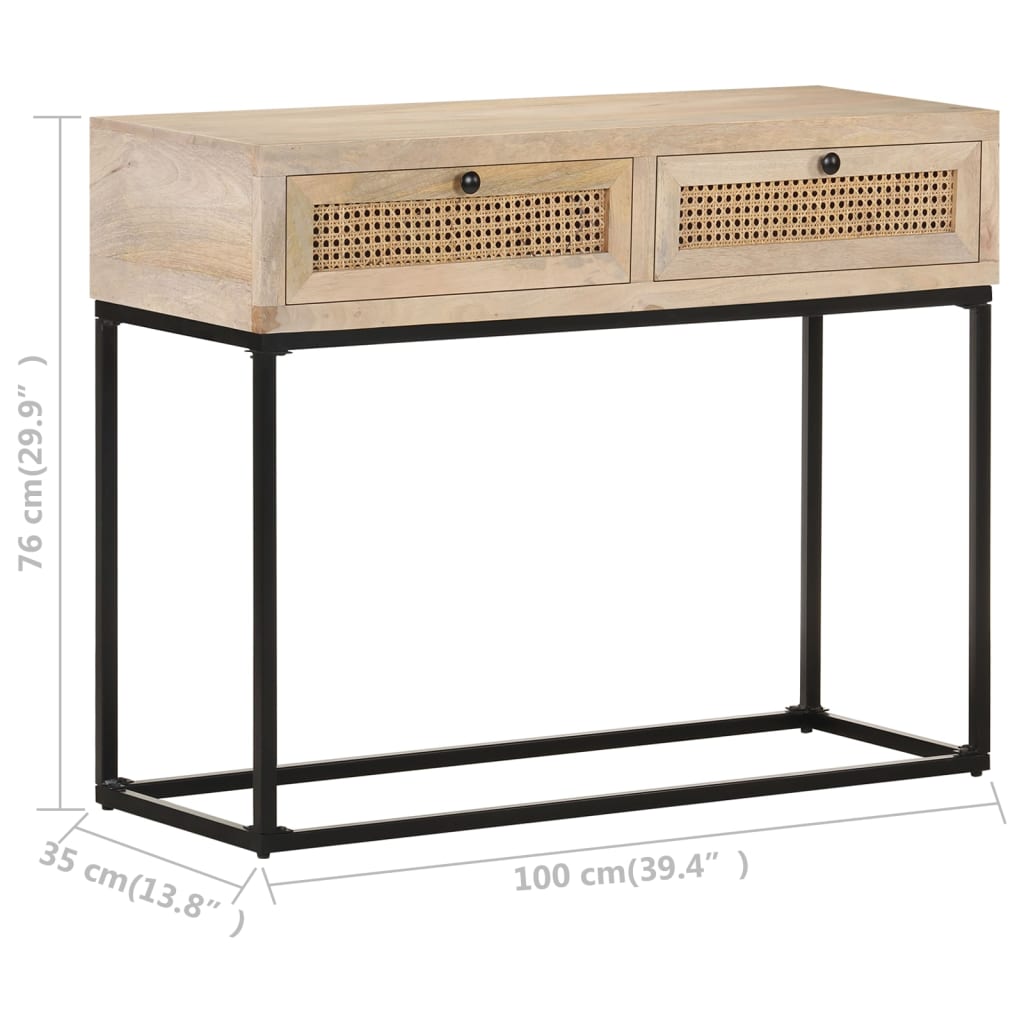 konsolbord 100x35x76 cm massivt mangotræ og naturlig rørflet