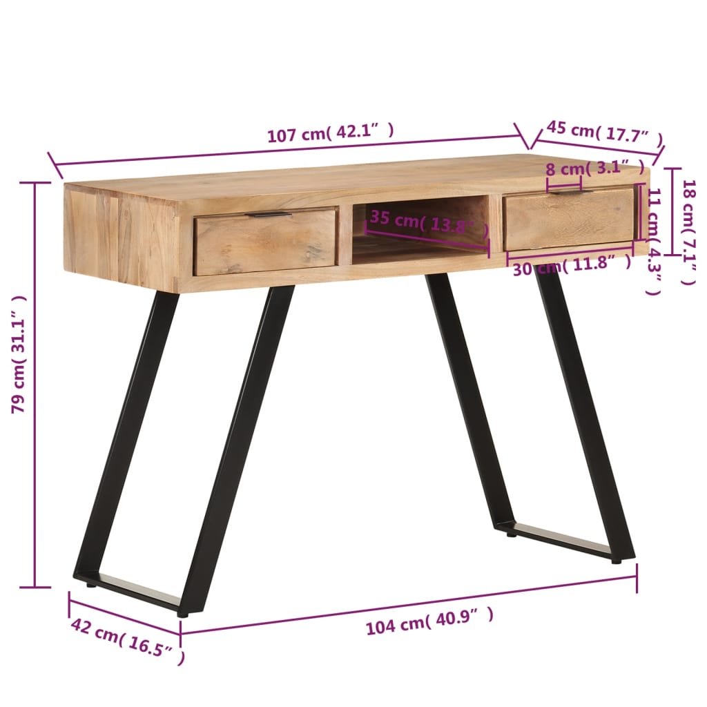 skrivebord 107x45x79 cm massivt akacietræ med naturlige kanter