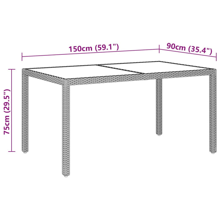 havebord 150x90x75 cm hærdet glas og polyrattan beige
