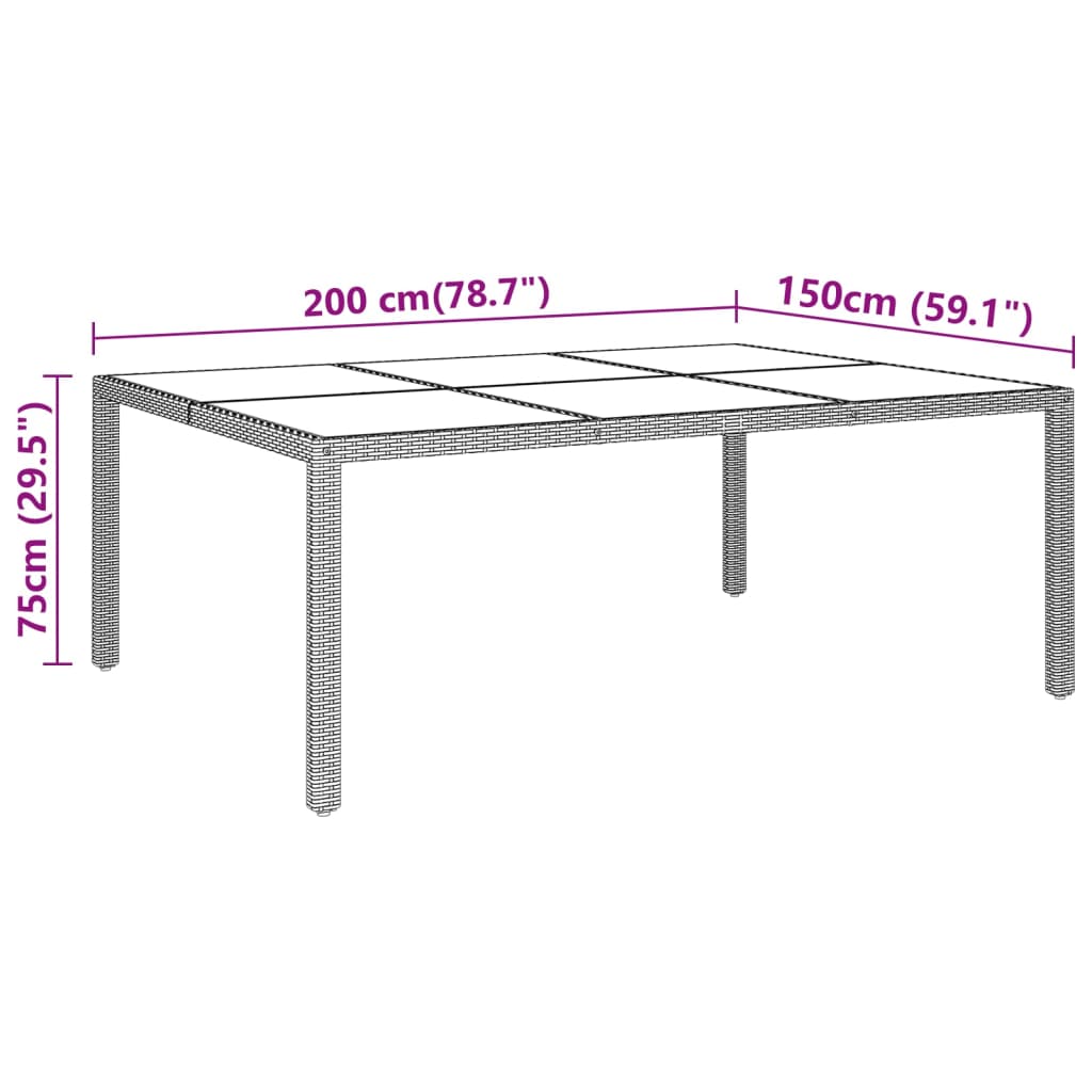 havebord med glasplade 200x150x75 cm rattan brun