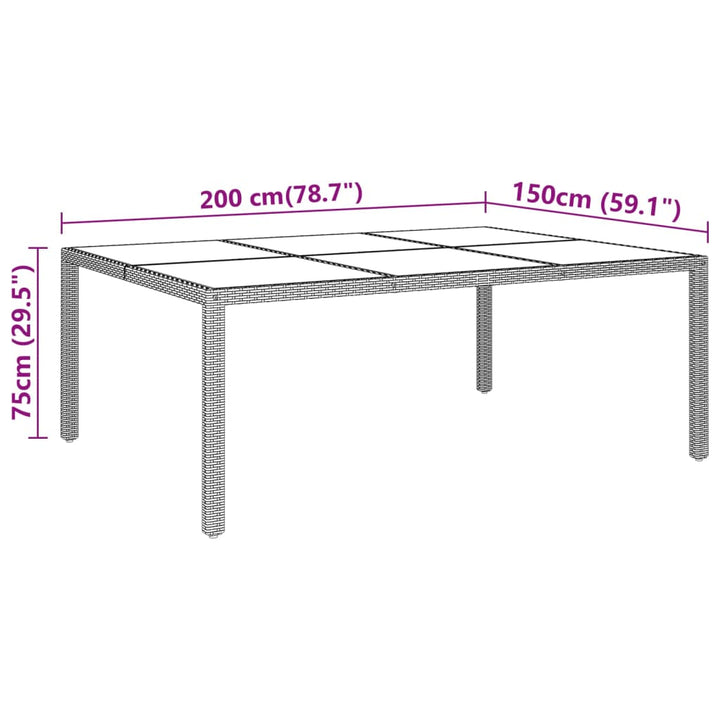 havebord med glasplade 200x150x75 cm rattan brun