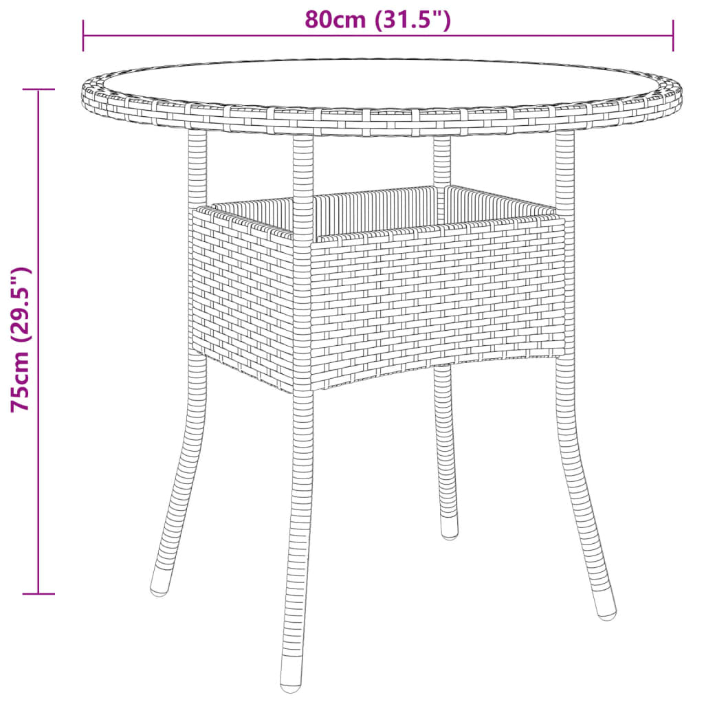 havebord Ø80x75 cm hærdet glas og polyrattan brun