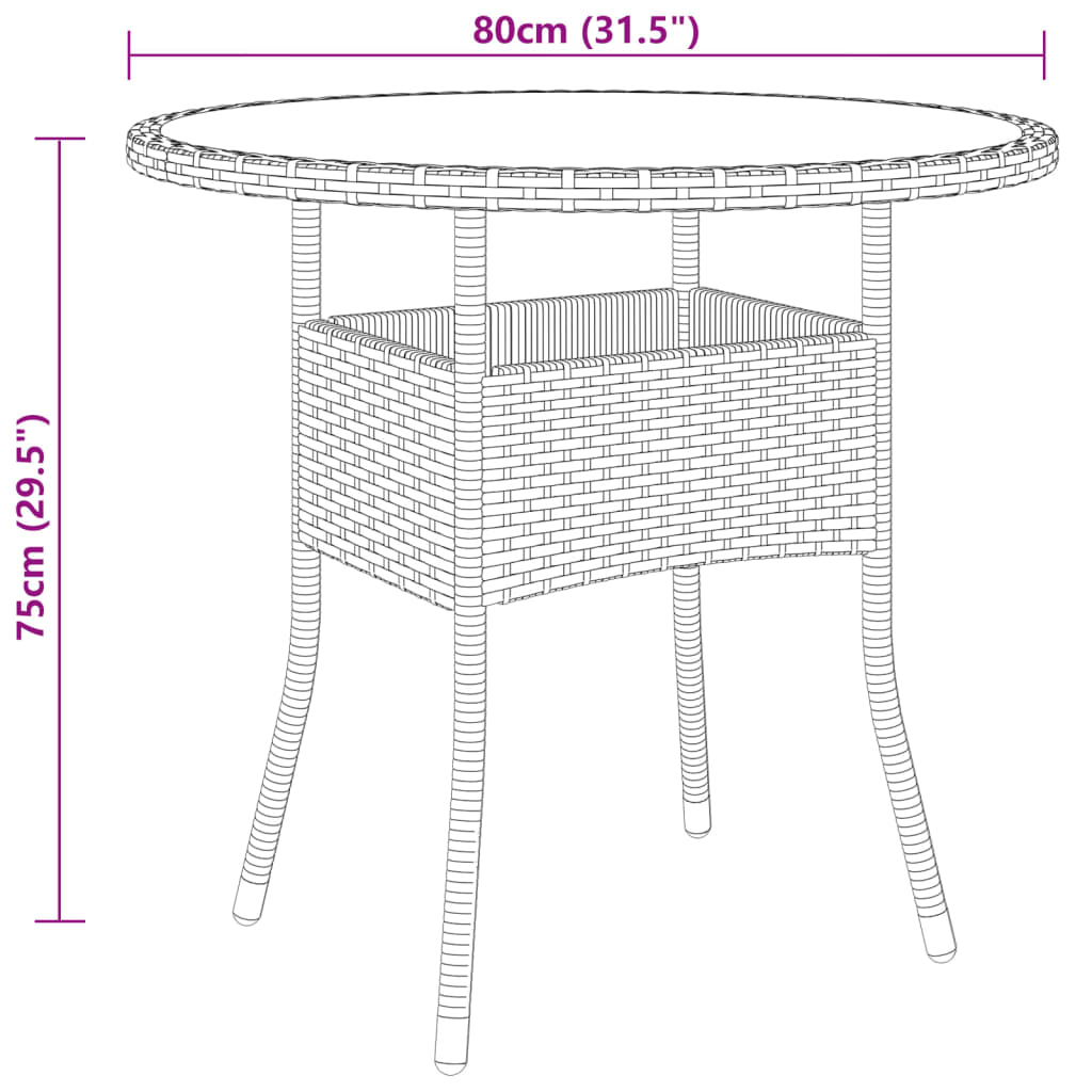 havebord Ø80x75 cm hærdet glas og polyrattan beige