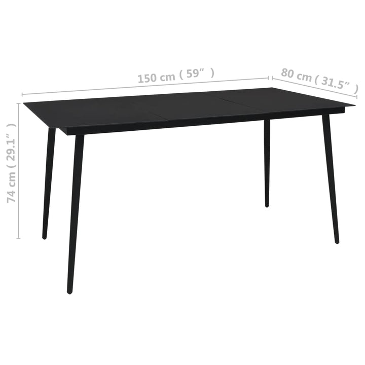 havebord 150x80x74 cm stål og glas sort