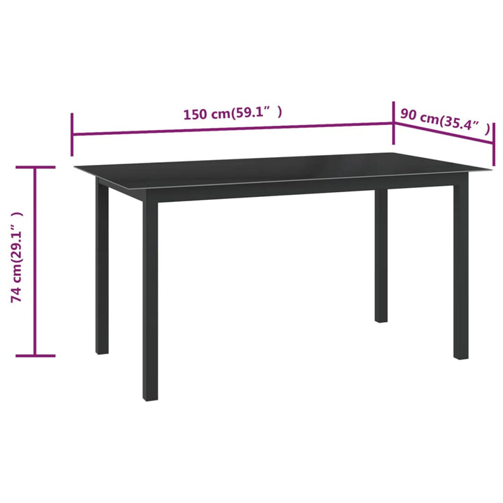 havebord 150x90x74 cm aluminium og glas sort
