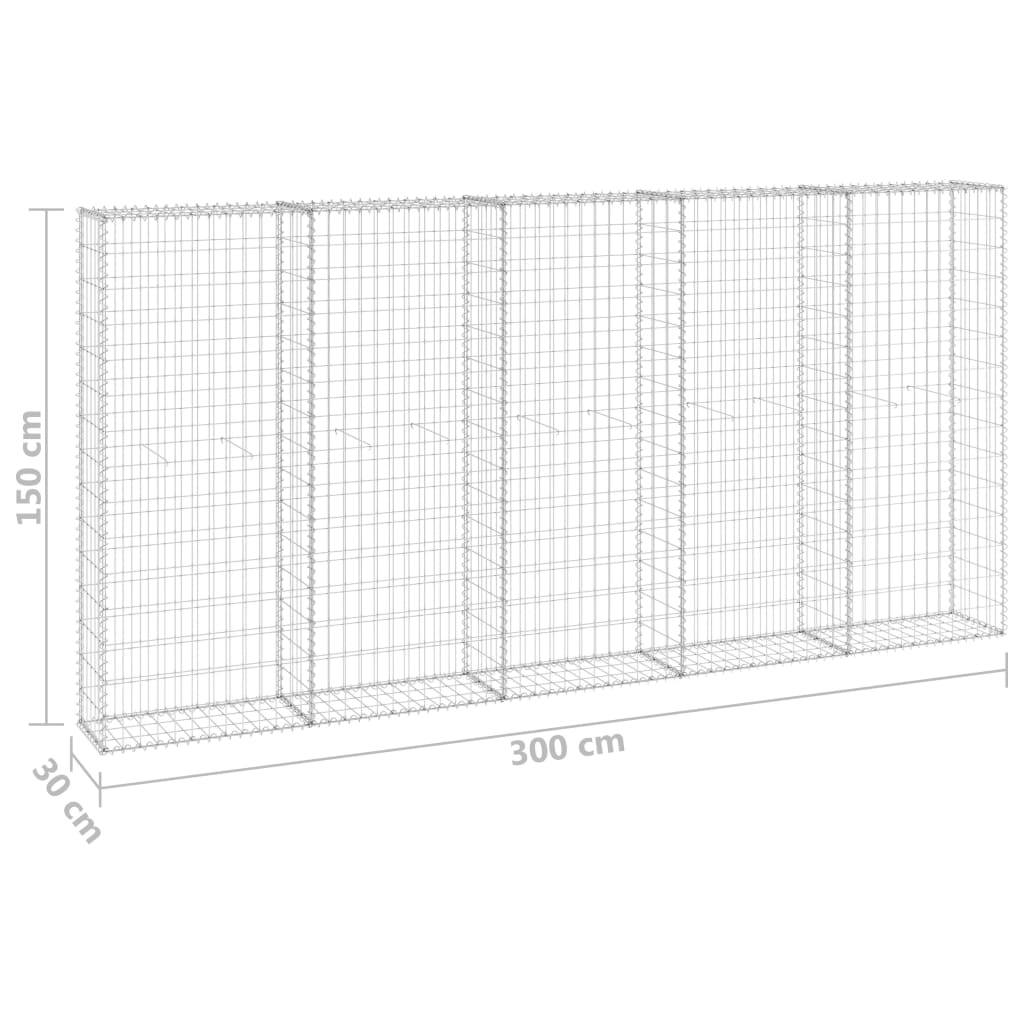 gabionvæg med dæksler 300x30x150 cm galvaniseret stål
