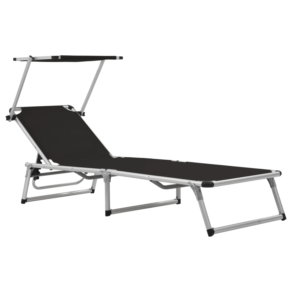 foldbare liggestole m. baldakin 2 stk. aluminium textilene sort