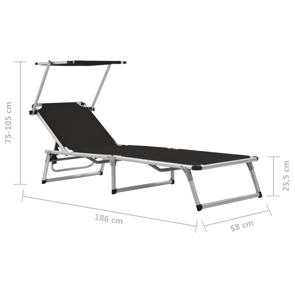 foldbare liggestole m. baldakin 2 stk. aluminium textilene sort