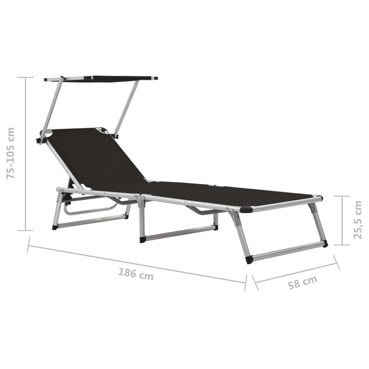 foldbare liggestole m. baldakin 2 stk. aluminium textilene sort