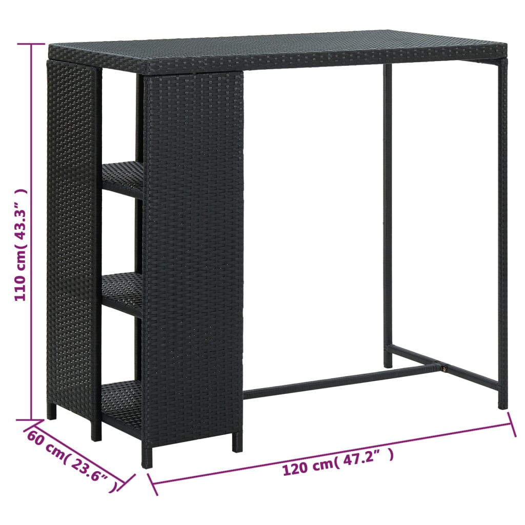 barbord med opbevaringsstativ 120x60x110 cm polyrattan sort