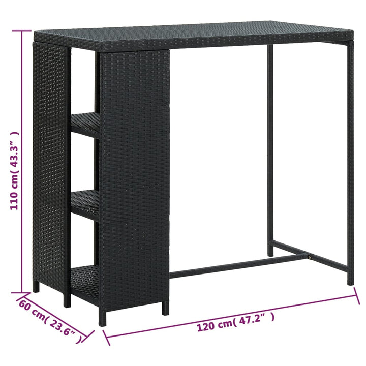 barbord med opbevaringsstativ 120x60x110 cm polyrattan sort