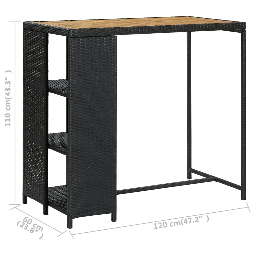 barbord med opbevaringsstativ 120x60x110 cm polyrattan sort