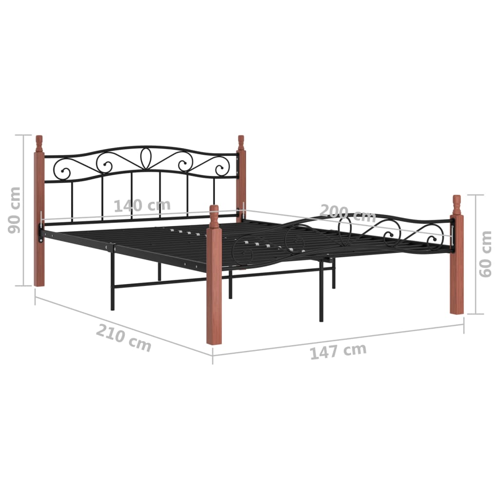 sengeramme 140x200 cm metal og massivt egetræ sort