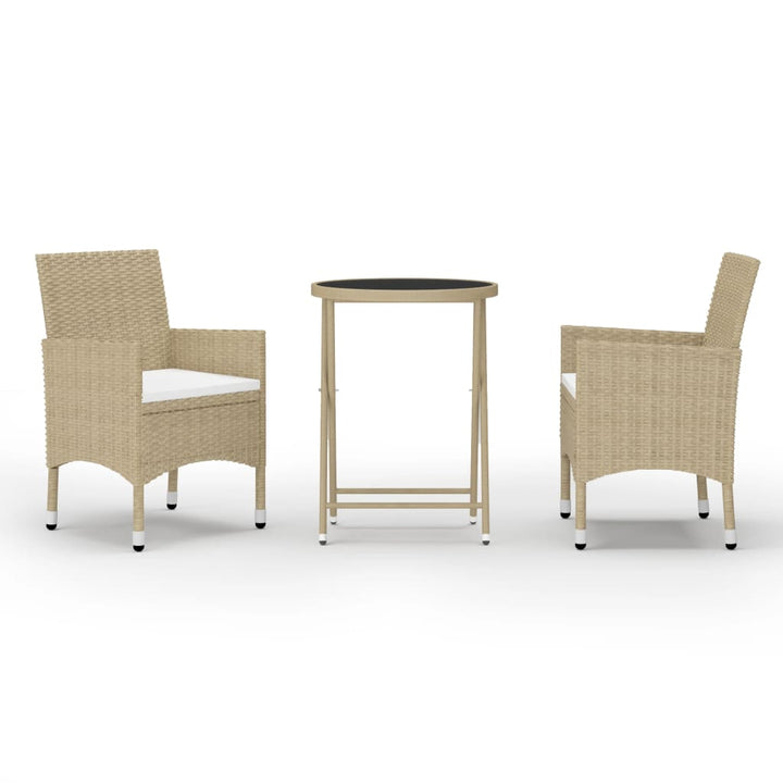bistrosæt til haven 3 dele polyrattan og hærdet glas beige