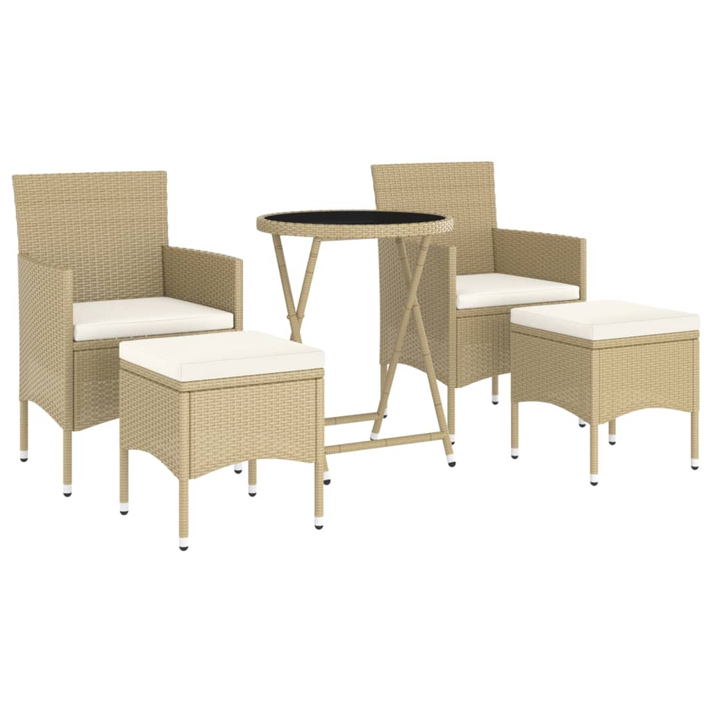 bistrosæt til haven 5 dele polyrattan og hærdet glas beige