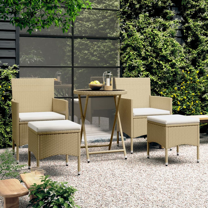 bistrosæt til haven 5 dele polyrattan og hærdet glas beige