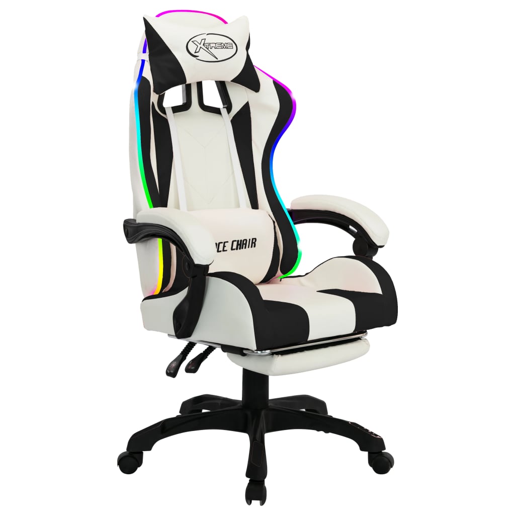 gamingstol med LED-lys RGB-farver kunstlæder sort og hvid