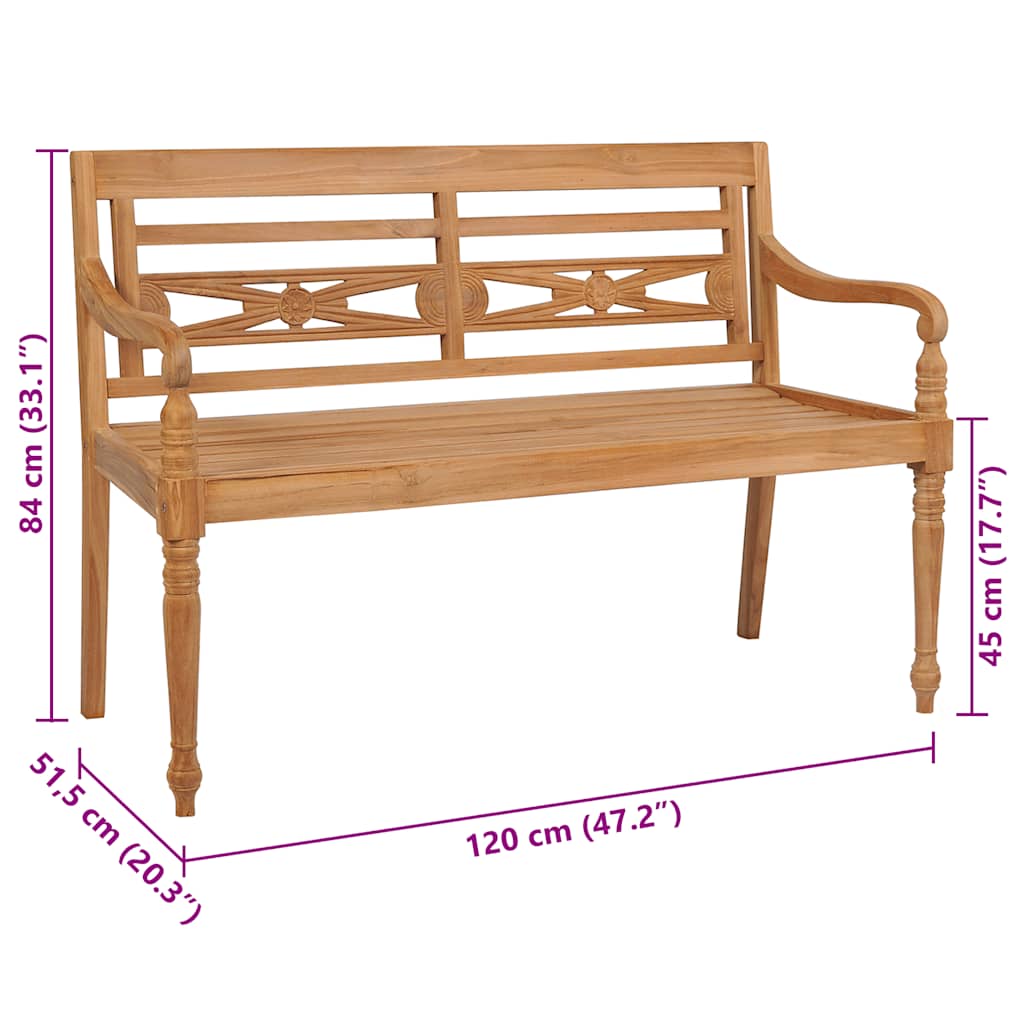 Batavia-bænk med beige hynder 120 cm massivt teaktræ