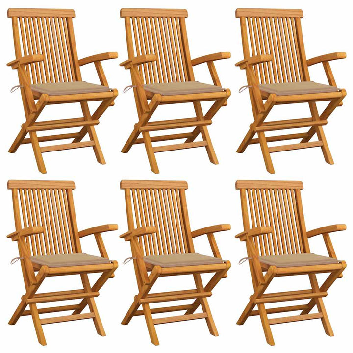 havestole med beige hynder 6 stk. massivt teaktræ