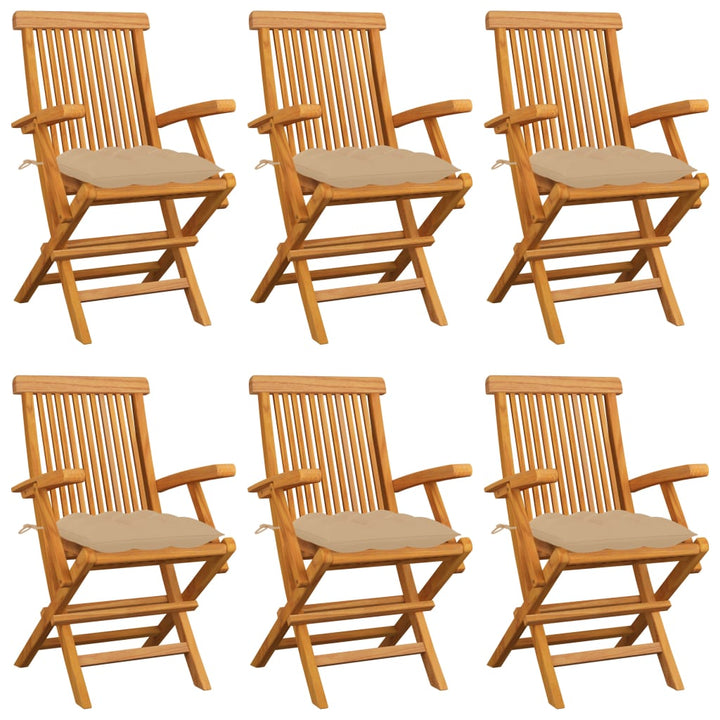 havestole med beige hynder 6 stk. massivt teaktræ