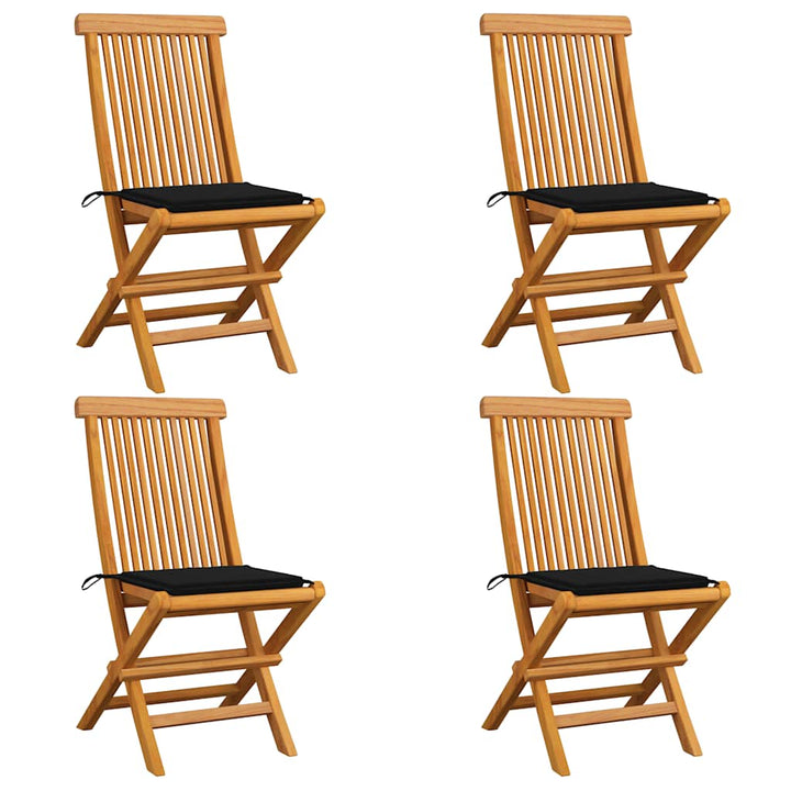 havestole med sorte hynder 4 stk. massivt teaktræ