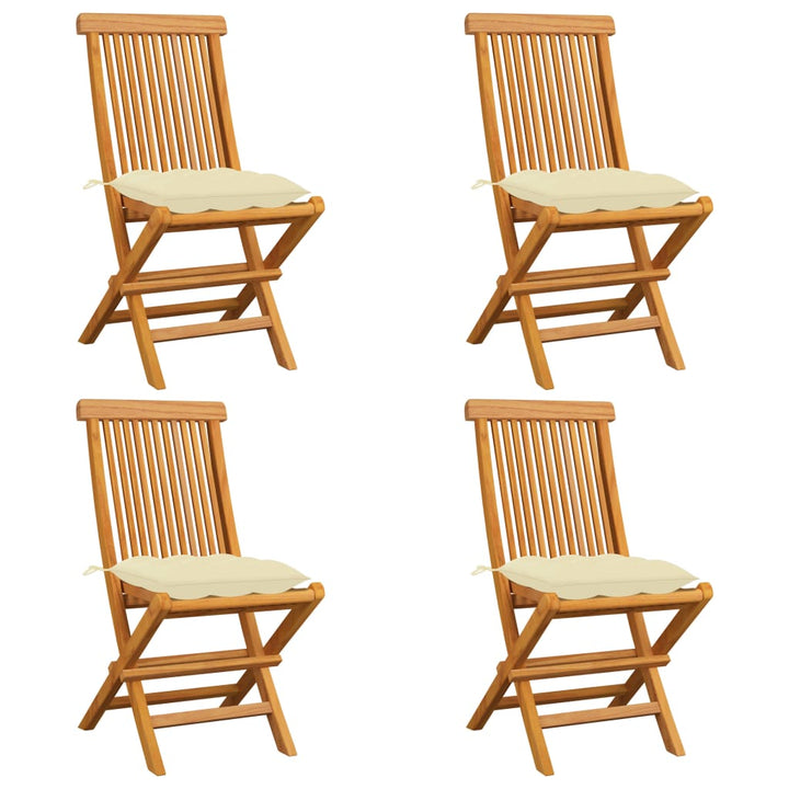 havestole med cremefarvede hynder 4 stk. massivt teaktræ
