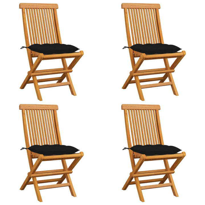 havestole med sorte hynder 4 stk. massivt teaktræ