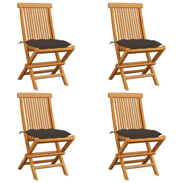 havestole med gråbrune hynder 4 stk. massivt teaktræ