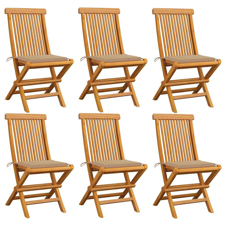havestole med beige hynder 6 stk. massivt teaktræ