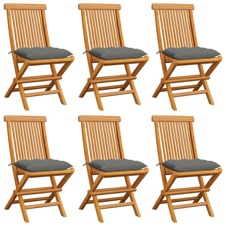 havestole med grå hynder 6 stk. massivt teaktræ