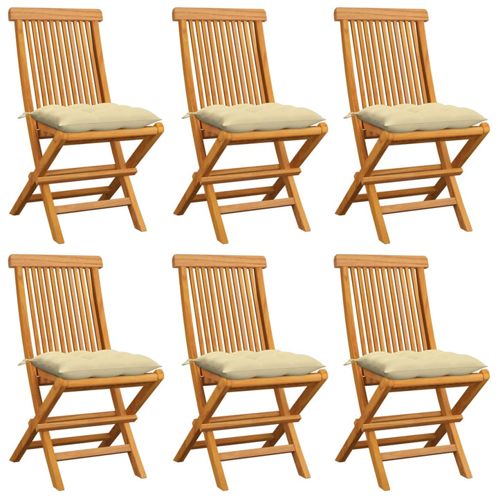 havestole med cremehvide hynder 6 stk. massivt teaktræ