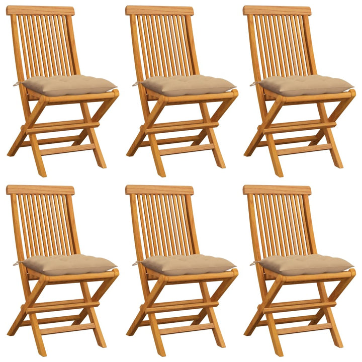 havestole med beige hynder 6 stk. massivt teaktræ