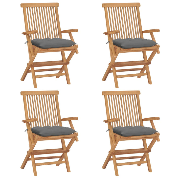 havestole med grå hynder 4 stk. massivt teaktræ