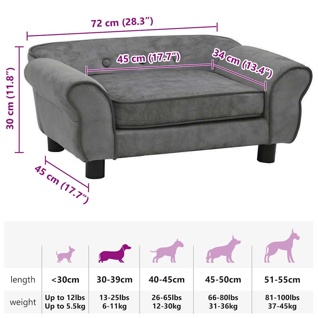 hundesofa 72x45x30 cm plys mørkegrå