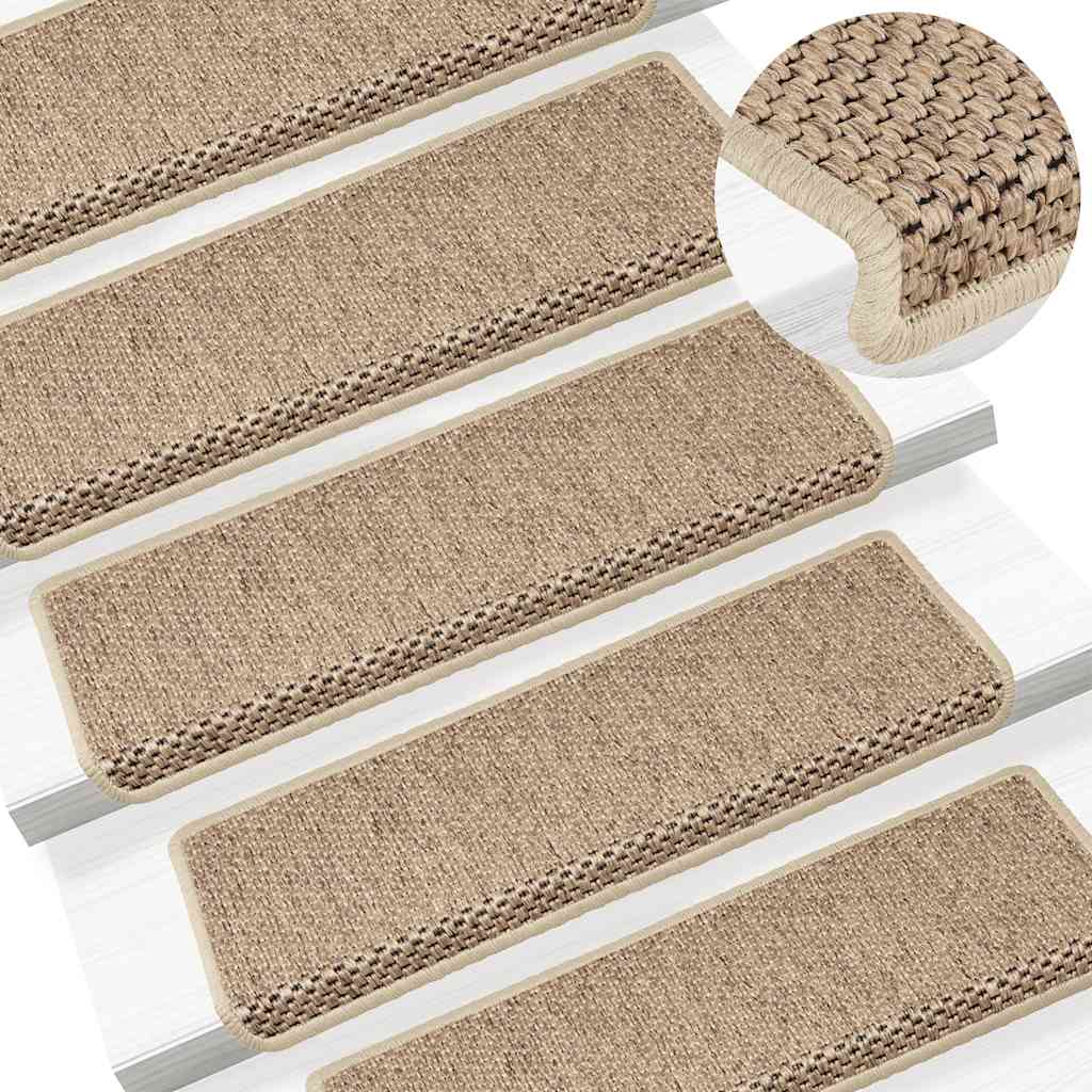 selvklæbende trappemåtter 15stk. 65x21x4cm sisal-look sandfarve