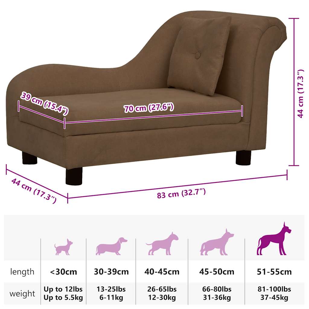 hundesofa med pude 83x44x44 cm plys brun