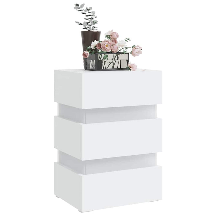 sengebord med LED 45x35x67 cm konstrueret træ hvid