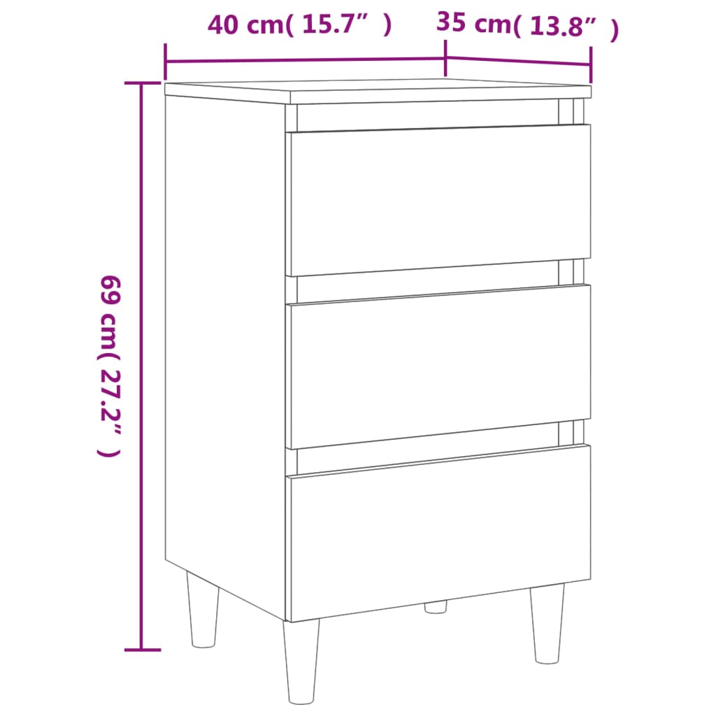 sengeskabe m. massive træben 2 stk. 40x35x69 cm betongrå