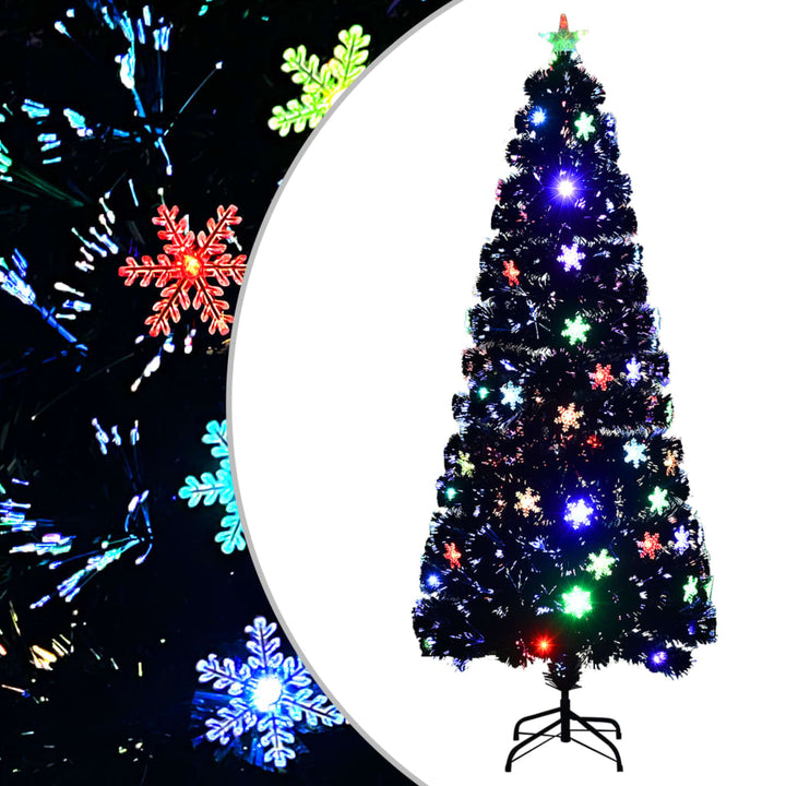 juletræ med LED-snefnug 210 cm fiberoptik sort