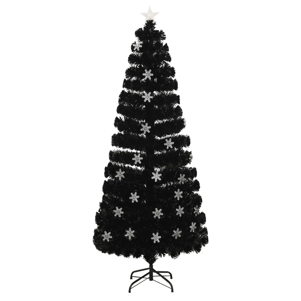 juletræ med LED-snefnug 210 cm fiberoptik sort