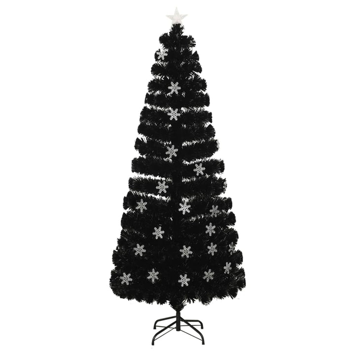 juletræ med LED-snefnug 210 cm fiberoptik sort